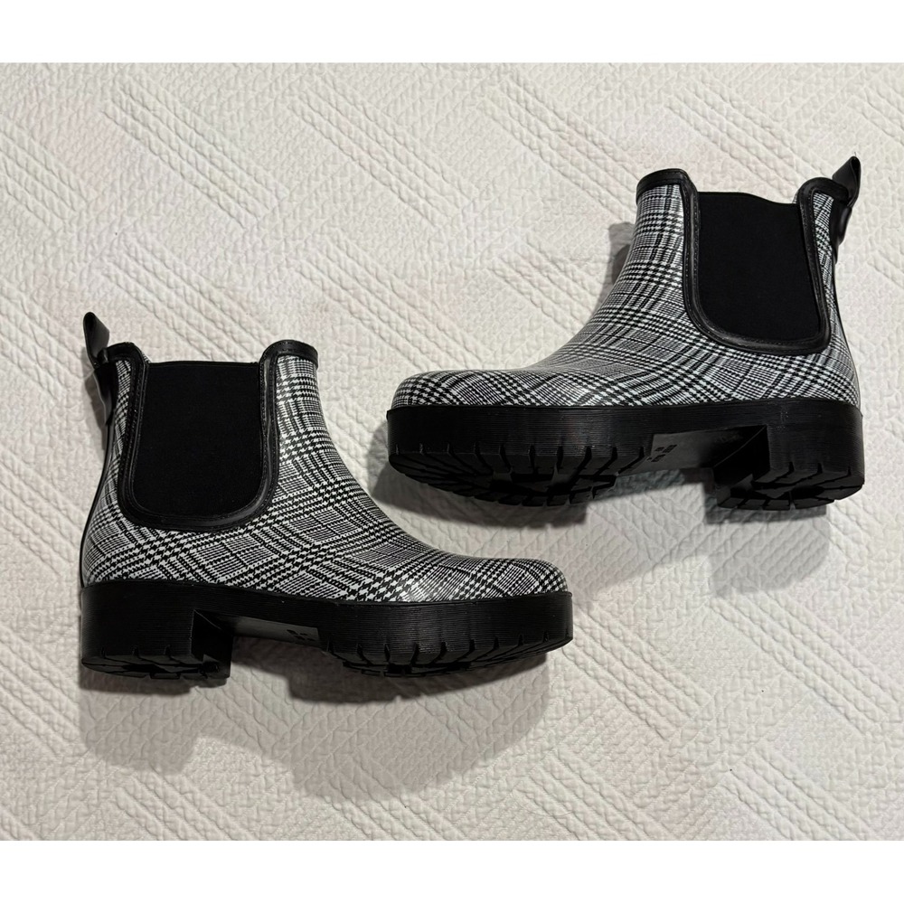 Jeffrey Campbell Cloudy Chelsea White Black Plaid Women's Rain Boot Size 9